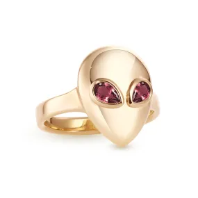 Alien pinky ring yellow gold with rhodolite