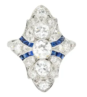 Art Deco 2.45 CTW Old European Cut Diamond French Cut Sapphire Platinum Navette Wheat Dinner Ring