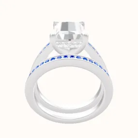 Micropave Cathedral Engagement Ring With V Prong with Hidden Halo Head and Matching Band